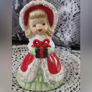 Lefton Christmas Girl Bell Figurine MCM 1950s Vintage Angel Sugared Trim w gift